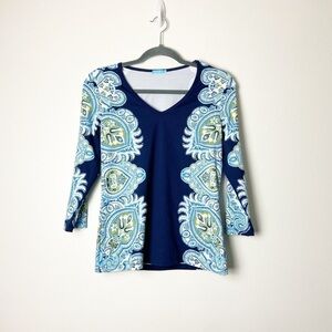 J.MCLAUGHIN • Women’s Navy Blue Paisley Printed Long Sleeve Catalina Top Size S